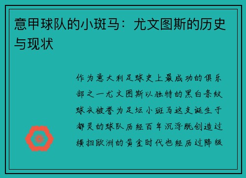 意甲球队的小斑马：尤文图斯的历史与现状