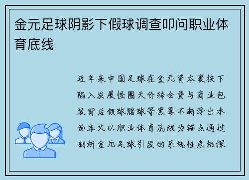 金元足球阴影下假球调查叩问职业体育底线