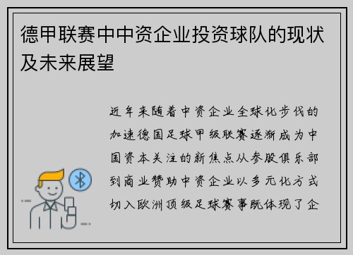 德甲联赛中中资企业投资球队的现状及未来展望