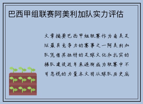 巴西甲组联赛阿美利加队实力评估